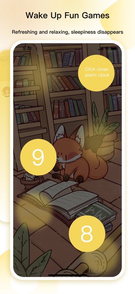 Alarm Clock-Keep Alarm - Screenshot of the Keep Alarm app featuring a wake up game with a cute fox illustration and interactive bubbles to turn off the alarm