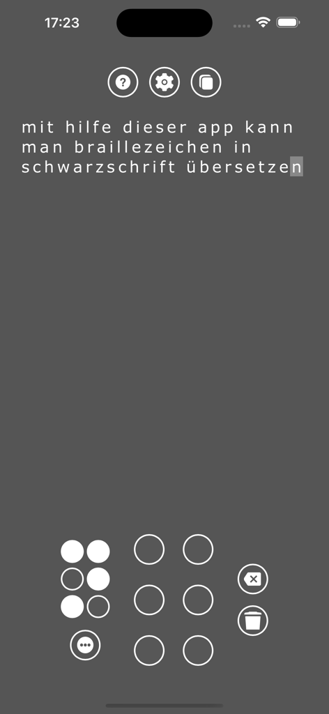 Interface de l'application Braille montrant une grille d'entrée à 6 points pour traduire des caractères en texte.