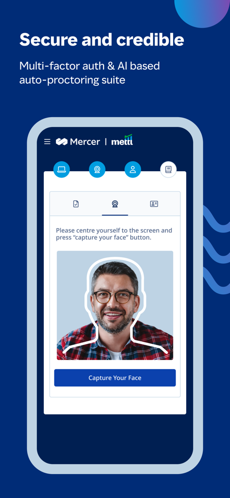 Mercer Mettl mobile app interface showing facial recognition for AI based auto proctoring