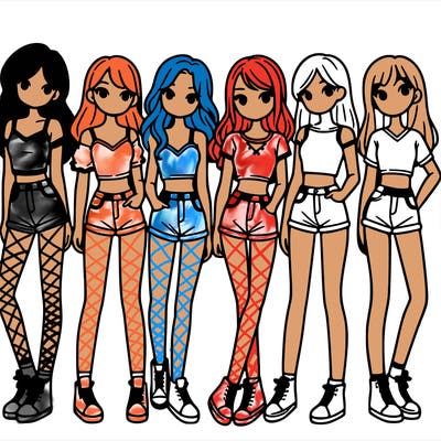 a group of girls wearing crop tops and shorts