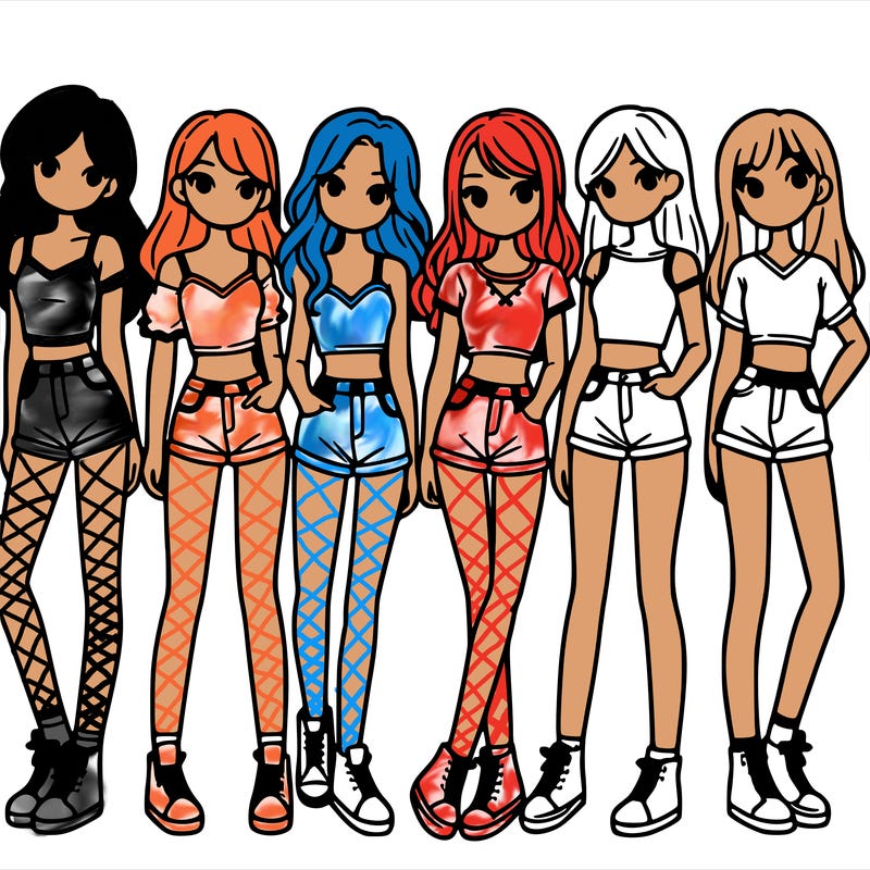 a group of girls wearing crop tops and shorts