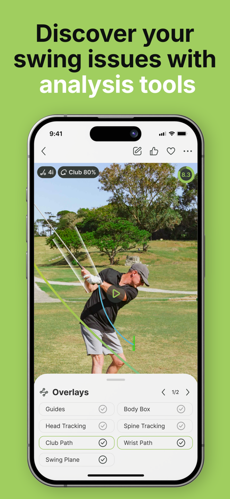 Swing TuneUp mobile app interface featuring AI-driven golf swing analysis with visual path overlays.