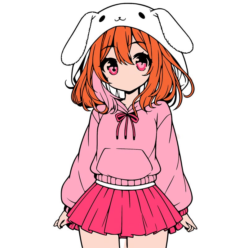 pretty anime girl wearing a fluffy hoodie with bunny ears on the hood and a skirt