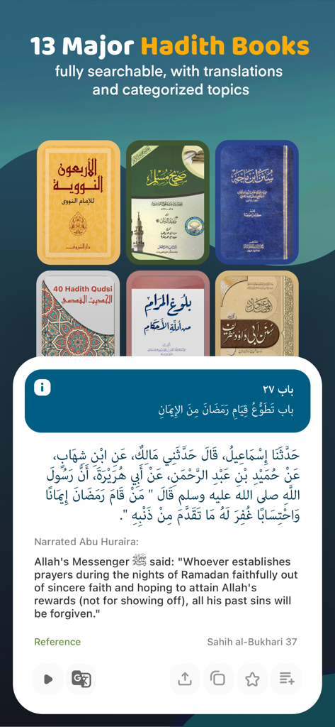 Muslim Mate: Azan Times, Quran - A mobile screen showing a collection of 13 major Hadith books and a specific translated Hadith from Sahih al-Bukhari.