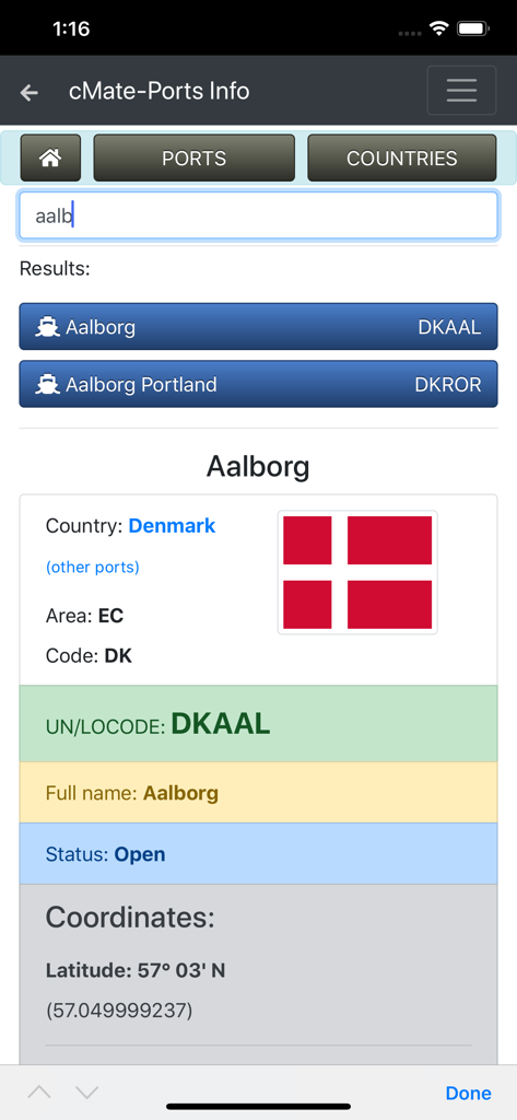 Interface of cMate-Ports Info app showing detailed information for the port of Aalborg including UN LOCODE and geographic coordinates