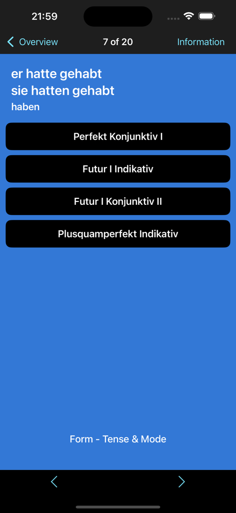A German verb conjugation multiple choice quiz screen showing tense and mode options