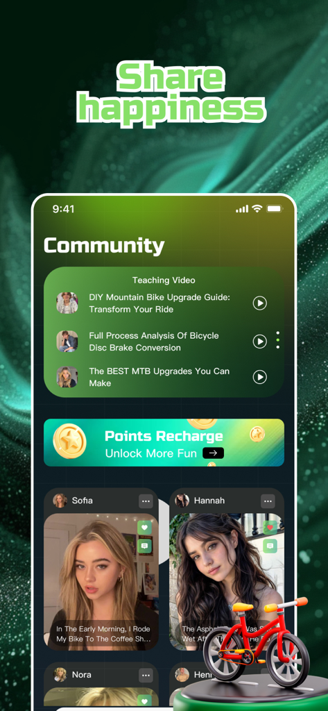 Interface da comunidade da app Bleo com tutoriais de modificação de bicicletas e um feed social para ciclistas