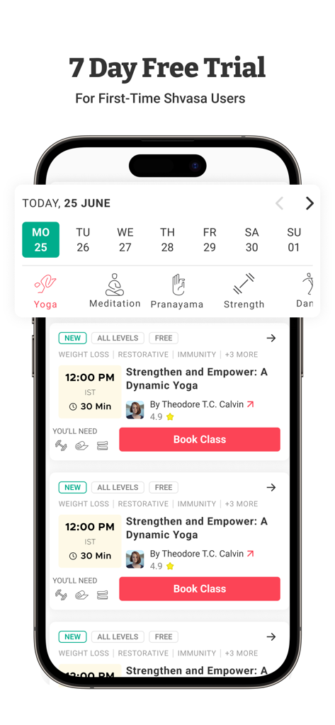 Interface de l'application Shvasa montrant un calendrier de cours de yoga en direct et un écran de réservation avec une offre d'essai gratuit de sept jours