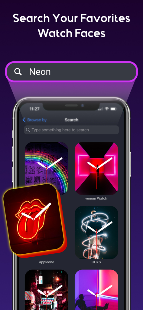 iPhone에서 네온 워치 페이스 디자인 검색을 보여주는 iWatch Gallery 앱 인터페이스