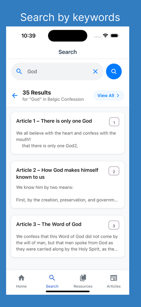 Knowing God - Search interface of the Knowing God app showing keyword results for God within the Belgic Confession