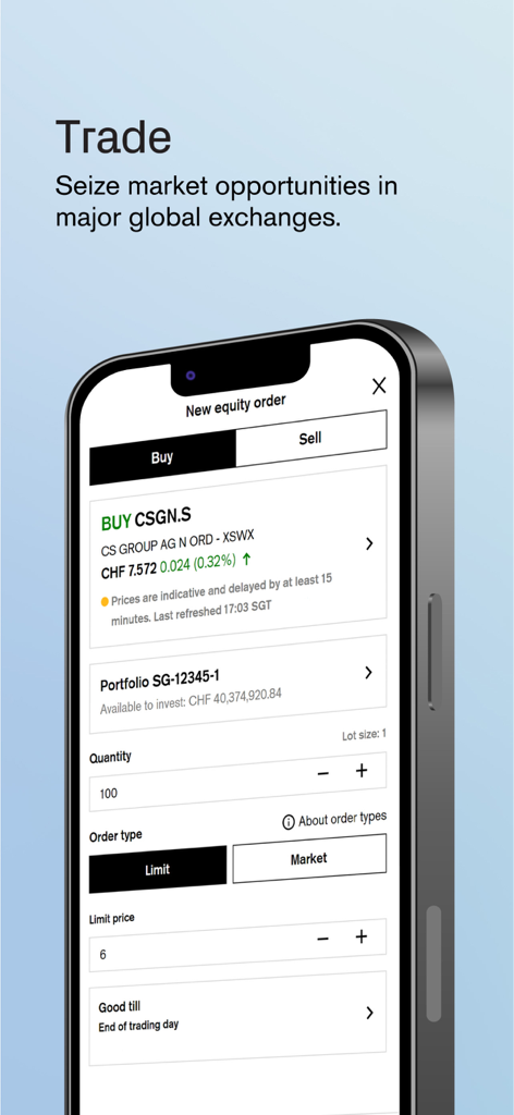 Credit Suisse WM APAC - Mobile phone displaying a new equity order screen for wealth management trading
