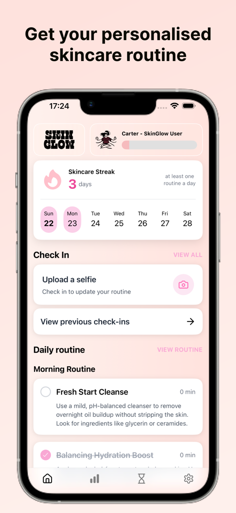 Skincare Scanner - SkinGlow AI - SkinGlow AI app interface displaying a personalized skincare routine and daily streak
