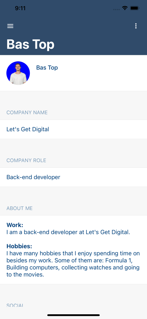 Attendee profile screen in the FI-TS Events app showing professional role company name and biography