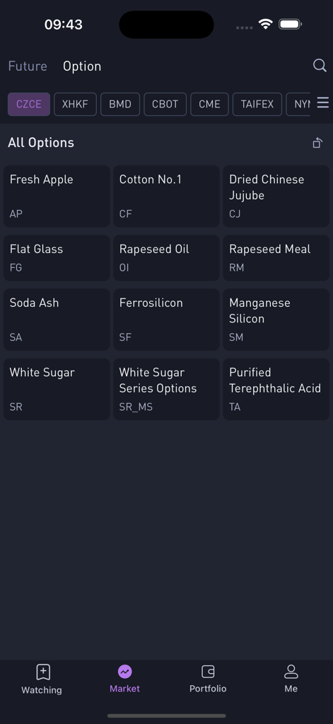Qi Trader - Qi Trader mobile app interface showing global commodity options market