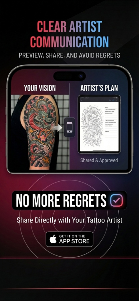 Tattoo AI Designer InkPreview - Comparação visual de uma visão de tatuagem e um plano do artista para comunicação clara