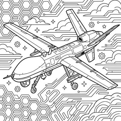 Dive into the intricate world of aerospace engineering with this detailed military drone coloring page. Perfect for enthusiasts, it offers a fascinating glimpse into advanced aerial technology, ready for your creative touch.