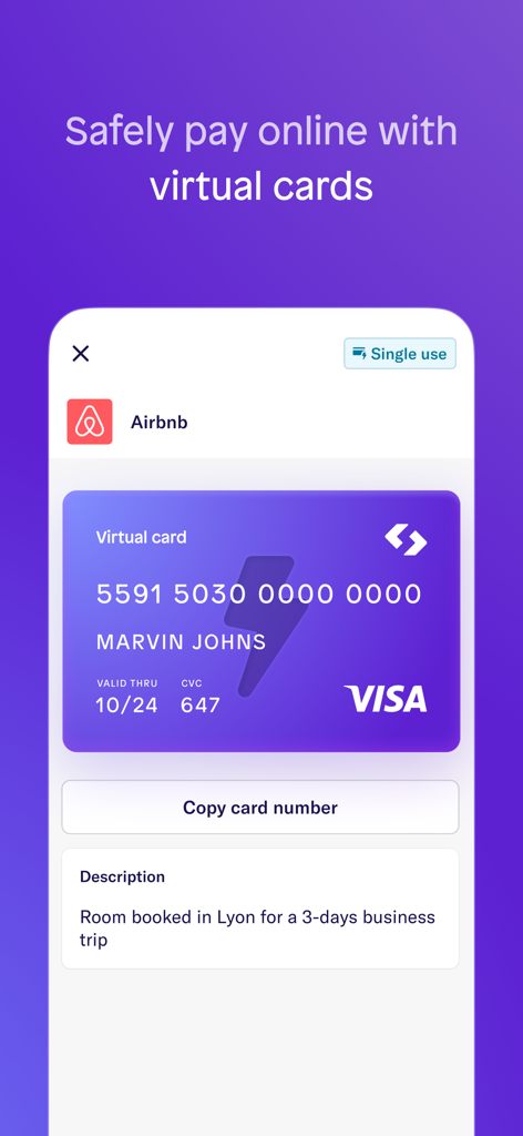Spendesk-Mobil-App, die eine virtuelle Einweg-Visa-Karte für eine Geschäftsreisebuchung anzeigt.