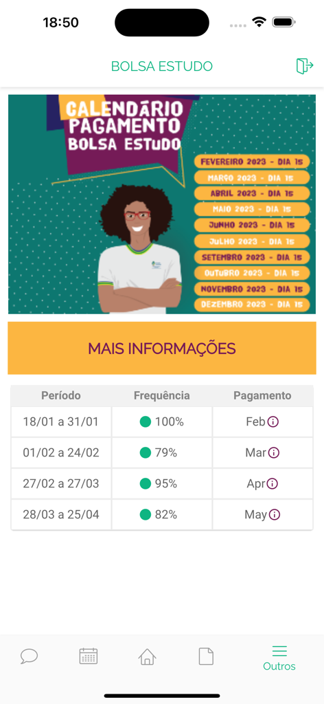 NetEscola - Der Bildschirm der NetEscola-App, der den Zahlungskalender für das Stipendium Bolsa Estudo und die Anwesenheitstabelle anzeigt.