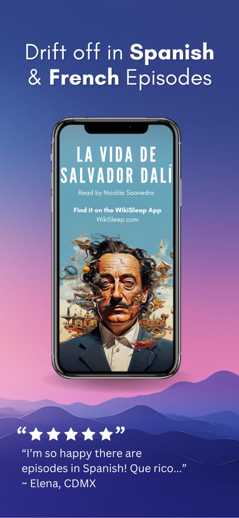 WikiSleep: Bedtime Stories - WikiSleep app interface displaying Spanish and French sleep story episodes and a five star user review.