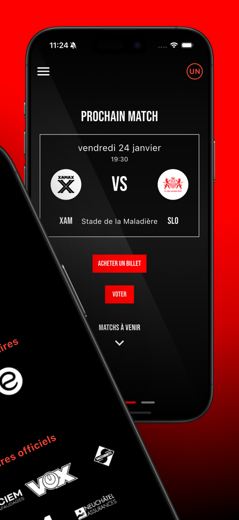 Neuchatel Xamax FCS - OFFICIEL - Official Neuchatel Xamax app interface showing next match details at Stade de la Maladiere