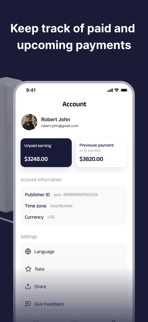 Mobile app screen showing account details including unpaid earnings and previous payment amounts for AdMob.