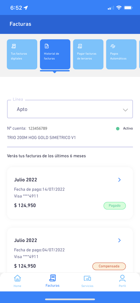 Mi ETB - Écran d'historique de facturation dans l'application Mi ETB affichant les factures payées et les détails du compte pour un forfait de télécommunications
