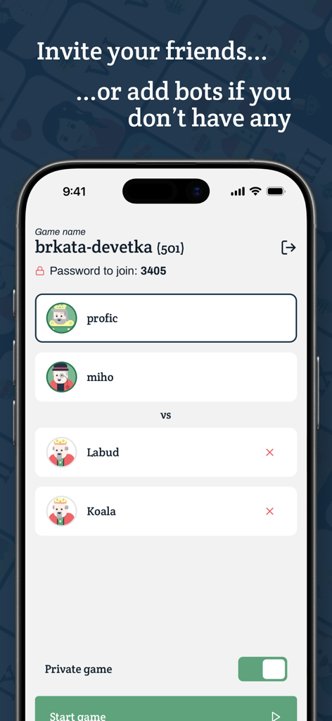 Bela Online - Belote & Friends - Pantalla de lobby multijugador de la aplicación Bela Online con opciones de amigos y bots