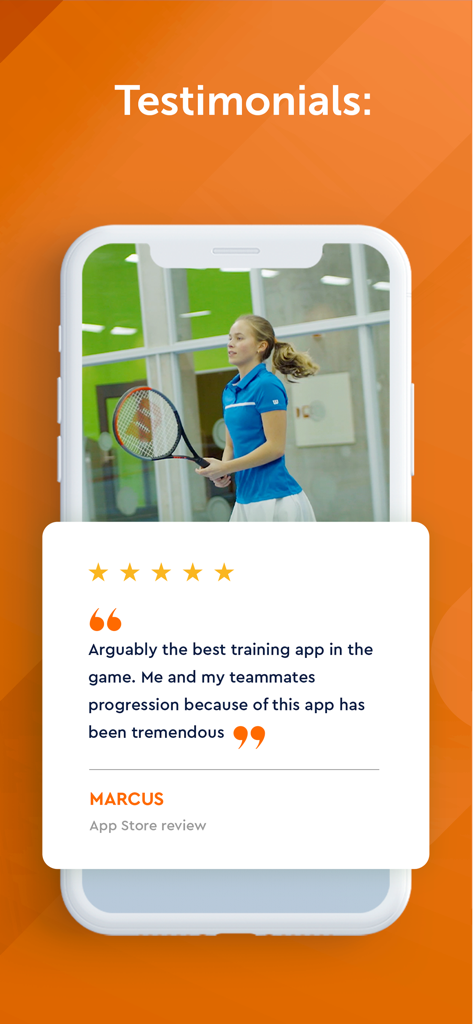 sevensix – Tennis AI Coach - A 5-star App Store testimonial from a user named Marcus for the sevensix tennis AI coach app
