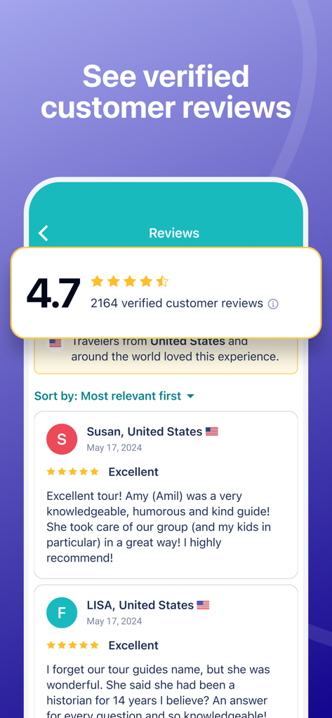 Tiqets - Museums & Attractions - Tiqets mobile app interface displaying verified customer reviews and star ratings from travelers in the United States