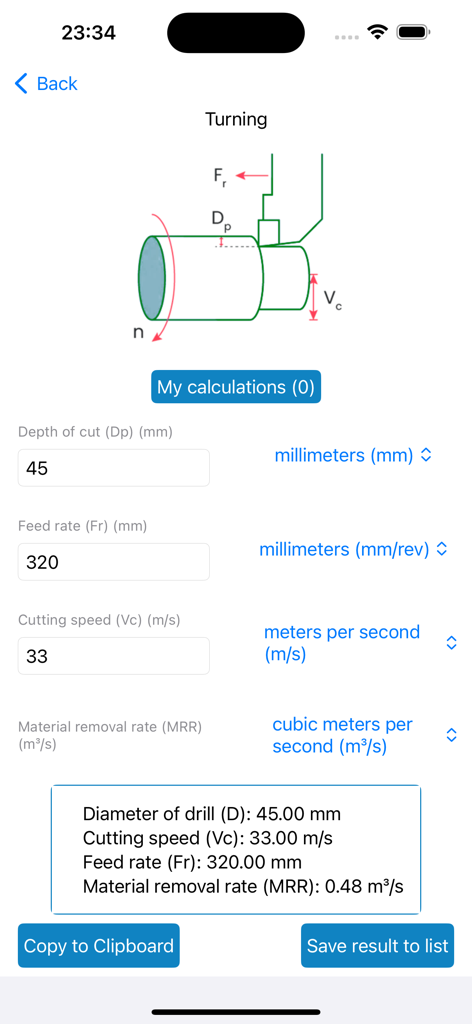 Material Removal Rate - Turning Material Removal Rate calculator screen showing input fields and a technical diagram