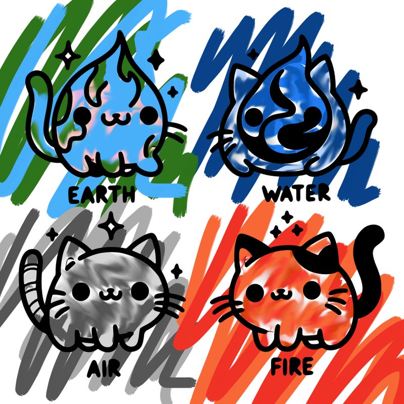 4 cats that represent the different elements, earth, water, air, and fire