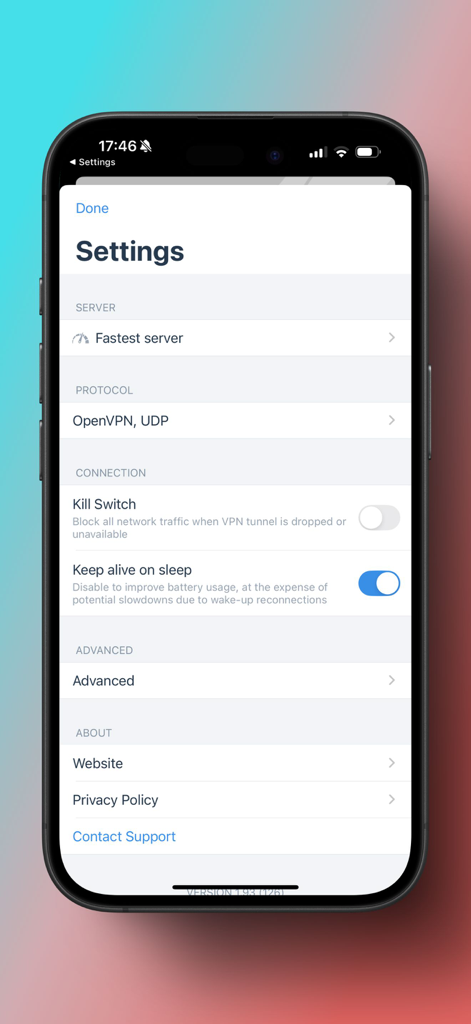 VPN - SWR - SWR VPN-Einstellungsmenü mit Protokollauswahl und Verbindungssicherheitsoptionen.