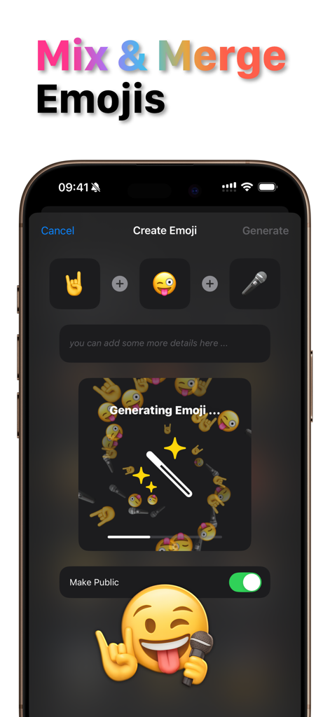Emoji Merge & Mix: Mixoji - La pantalla de la aplicación Mixoji mostrando la creación de un sticker de emoji único al combinar varios iconos.