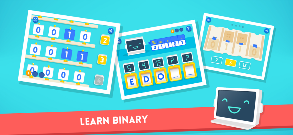 Captura de pantalla educativa de la aplicación Code Karts School Edition mostrando a niños aprendiendo rompecabezas de código binario.