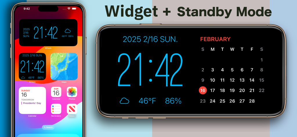 SClock-large,high visibility - SClock 앱 인터페이스, 대형 디지털 시계 위젯 및 달력이 있는 가로 대기 모드 표시