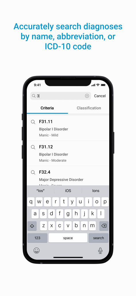 Interfaz de la aplicación DSM-5-TR mostrando una búsqueda de diagnósticos por códigos ICD-10, incluido el Trastorno Bipolar I