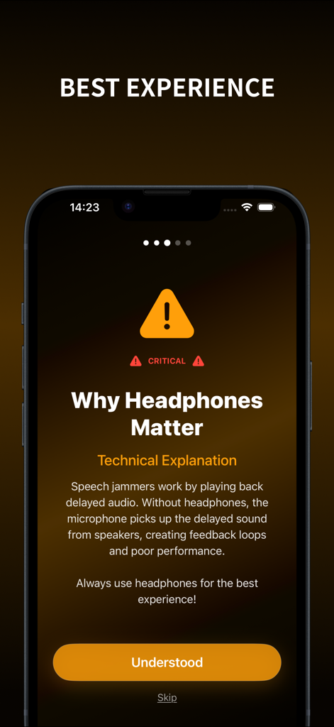 Una pantalla de la aplicación Speech Jammer que explica por qué el uso de auriculares es fundamental para evitar bucles de retroalimentación de audio.