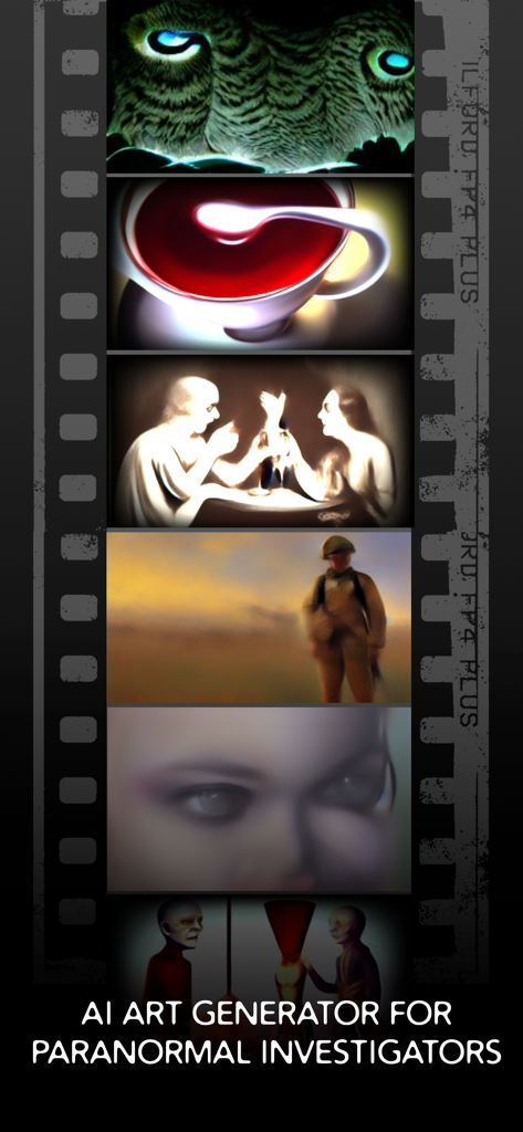 A filmstrip showing various eerie AI generated images for paranormal investigations in the GhostTube SEER app