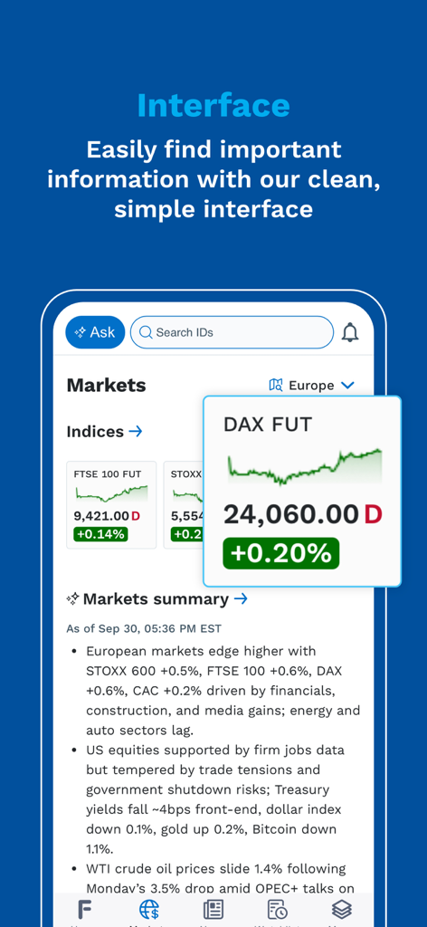 FactSet - FactSet mobile app interface displaying real-time market indices and financial news summaries.