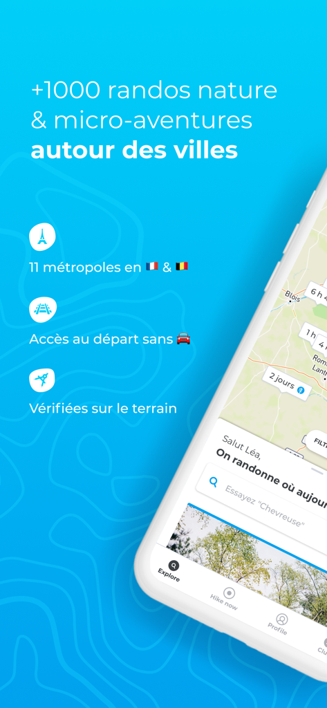 Helloways - GPS de randonnée - Aplicación móvil Helloways que muestra senderos de senderismo accesibles en transporte público y rutas verificadas alrededor de las ciudades
