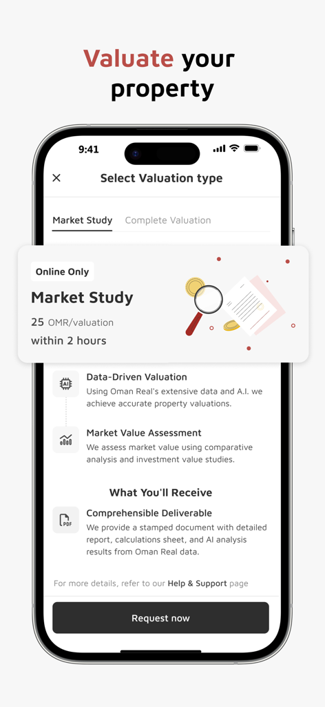 Oman Real - Oman Real app interface for requesting a property market study and data driven valuation assessment