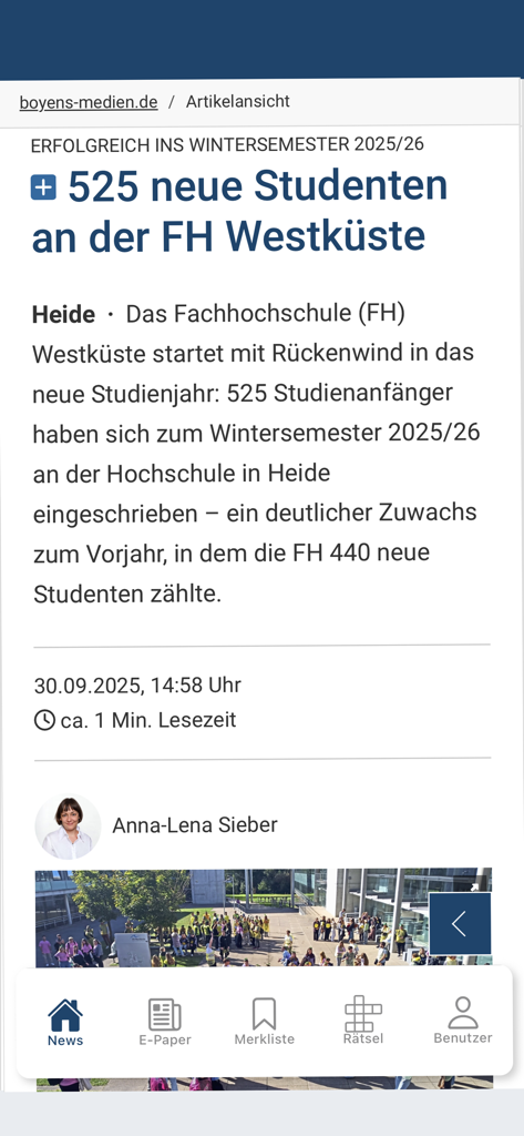 Boyens Medien mobile App zeigt einen Nachrichtenartikel über Schüler in Dithmarschen