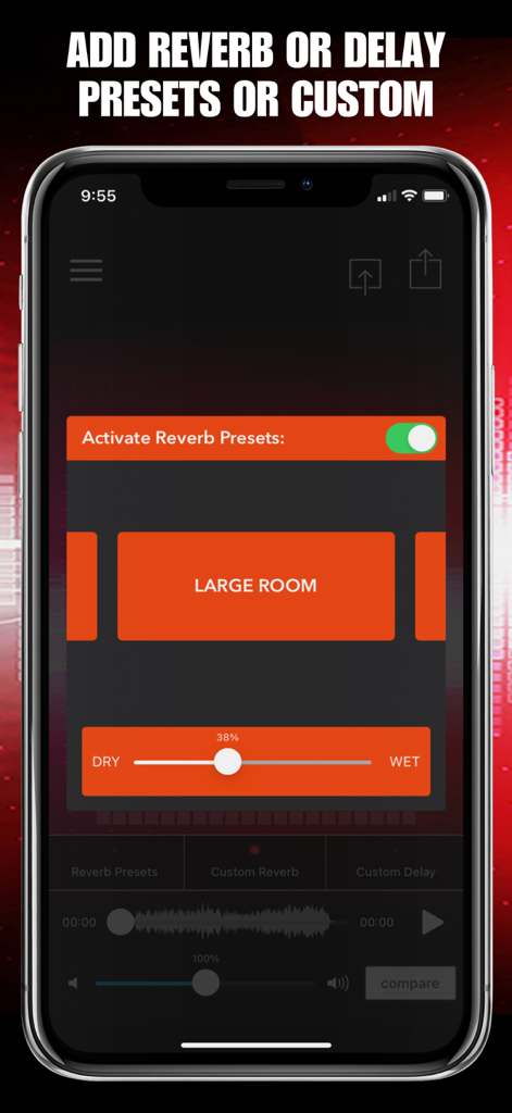 AudioMaster Pro: Mastering DAW - Smartphone screen showing AudioMaster Pro reverb settings with a Large Room preset and dry wet slider