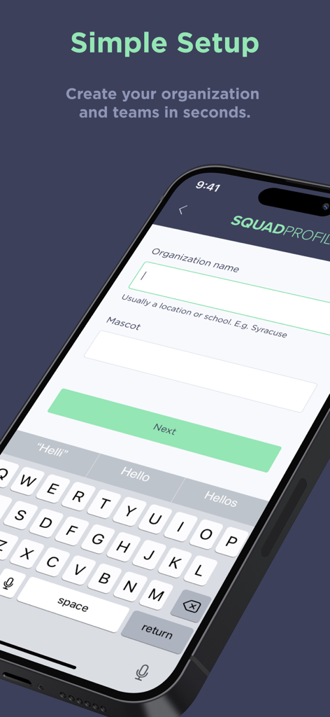Setup screen for creating a lacrosse organization and team in the SquadProfile app