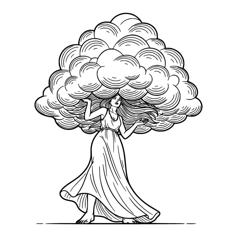 a realistic woman carrying a large cloud above her shoulders symbolizing emotional weight