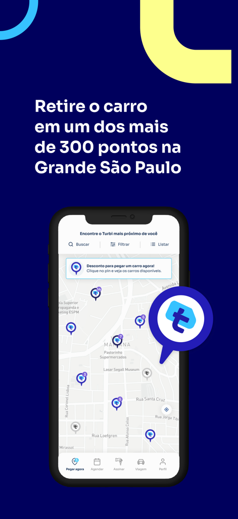 Turbi car rental app map showing multiple pickup locations in Sao Paulo