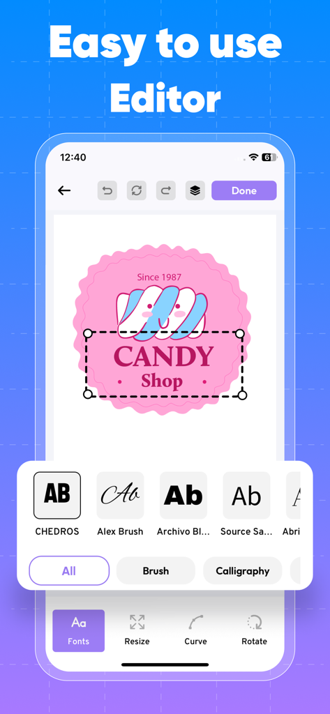 Interface de l'application Label Maker montrant un éditeur facile à utiliser avec diverses options de polices pour la conception d'une étiquette de confiserie.