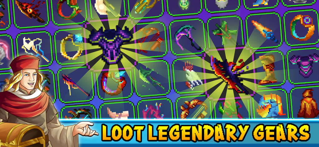 Dunidle: Auto Battler RPG Game - Retro 8-bit pixel art mostra armi e armature leggendarie nel gioco Dunidle RPG