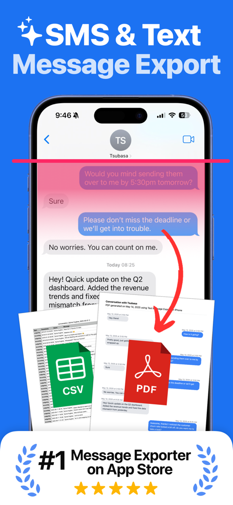 TextPort: Text Message Export - Interfaz de la aplicación TextPort que muestra la exportación de mensajes SMS y de texto a formatos de archivo PDF y CSV en un iPhone.