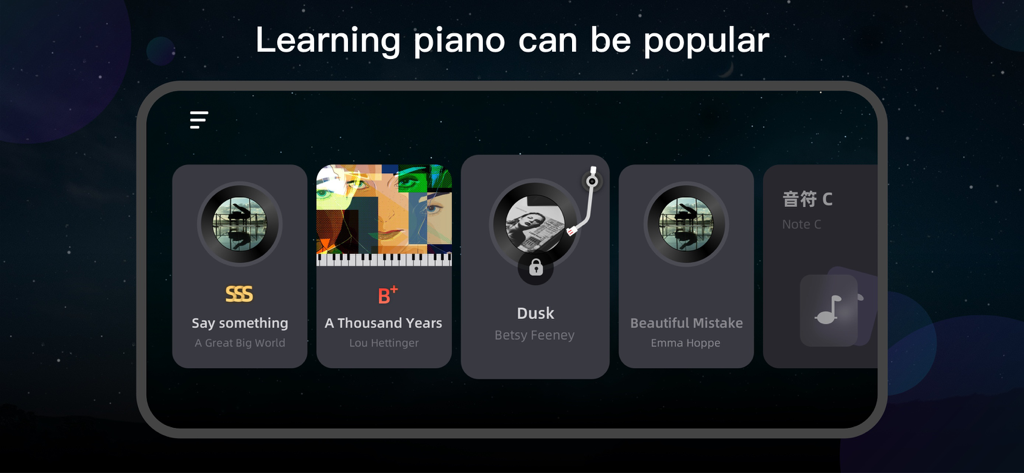 InstaPiano - Easy and Fun - InstaPiano app song selection screen showing popular music tracks and user progress levels